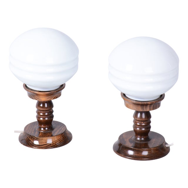 Art Deco Table Lamps in Beech and Opal Glass, Czech, 1930s, Set of 2 For Sale