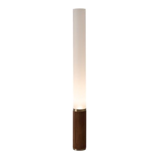 1980s Tambo Cylindro 60" Accent Floor Lamp - Dark Walnut, Weathered Brass, Frosted Acrylic, Dimmer Switch For Sale
