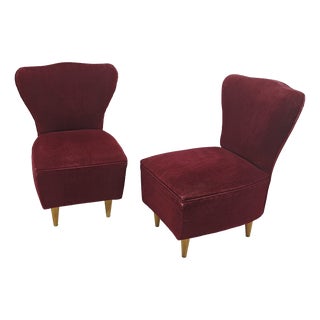 Cherry Velvet Armchairs with Wooden Legs, Italy, 1960s, Set of 2 For Sale