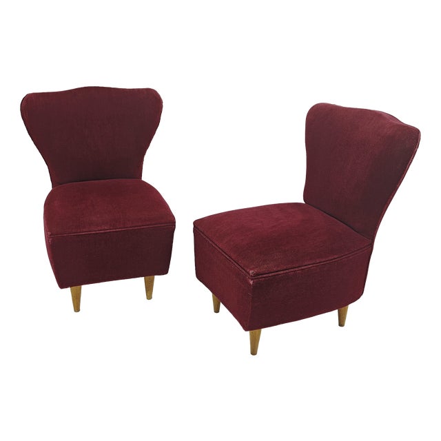 Cherry Velvet Armchairs with Wooden Legs, Italy, 1960s, Set of 2 For Sale