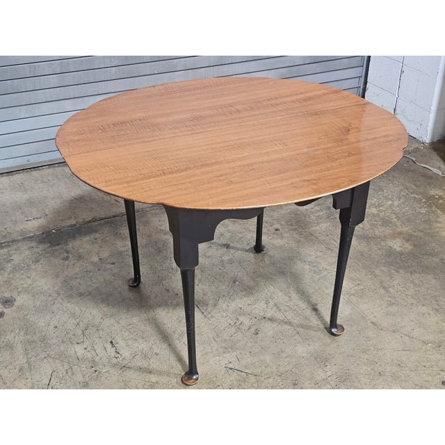 Store Item: Tiger Maple Benchmade Dining Table Breakfast Table Tavern Table Black Base Description: Shaped table top of...