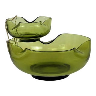 Mid 20th Century Mid-Century Avocado Green Pinched Glass Chip & Dip Serving Bowls For Sale