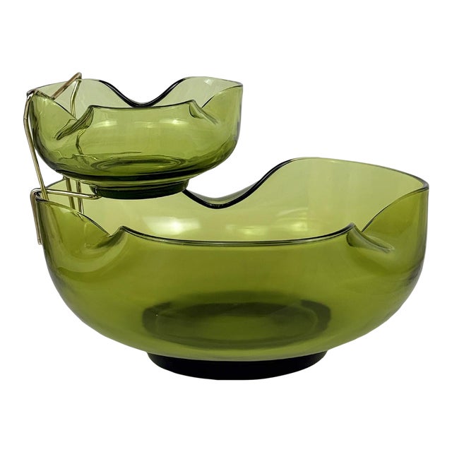 Mid 20th Century Mid-Century Avocado Green Pinched Glass Chip & Dip Serving Bowls For Sale