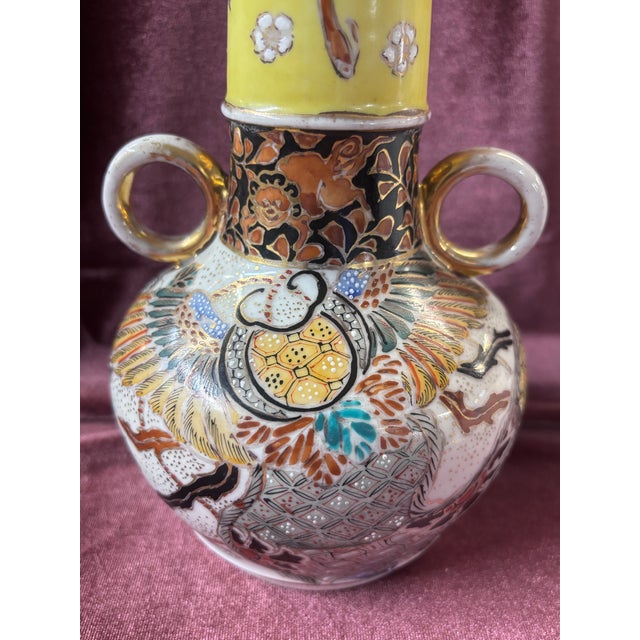 Japanese Antique Japanese Polychrome Double Ring Handle Vase For Sale - Image 3 of 12