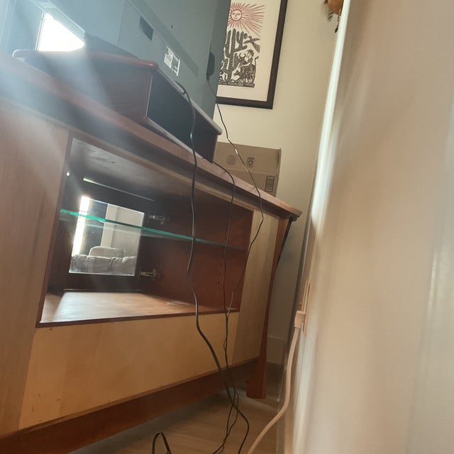 Brown Hardwood Artisans Waterfall Tv Console For Sale - Image 8 of 16