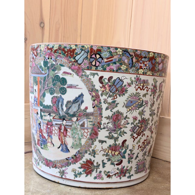 Ceramic Mid 20th Century Chinese Famille Rose Porcelain Jardiniere With Hand Painted Garden Scenes For Sale - Image 7 of 7