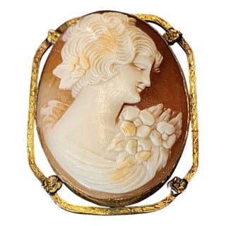 Antique 14k Gold Carnelian Shell Cameo Brooch Pin Squared Open Frame For Sale