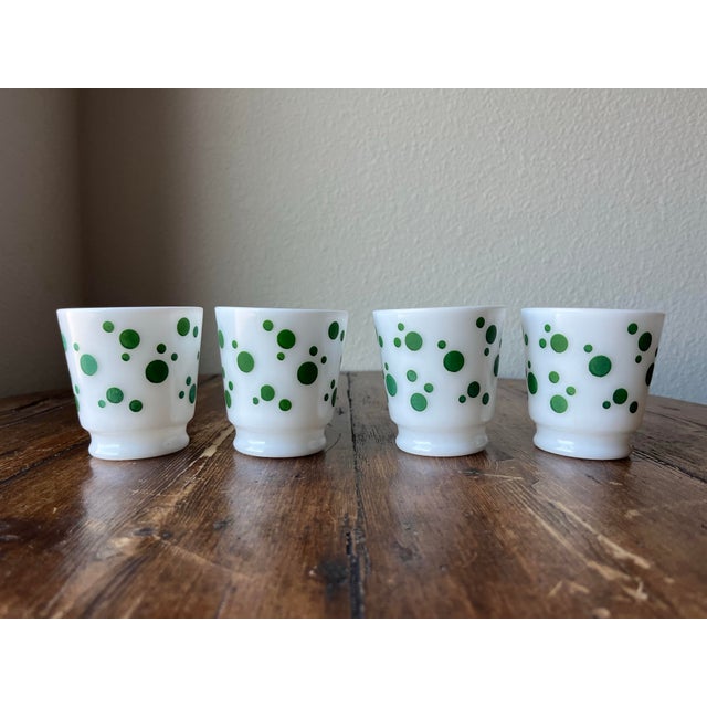 1950's Hazel Atlas Green Polka Dot Pattern Milk glass mugs or cups Set of 4 3.75" width, 2 7/8" depth and 3" height No...