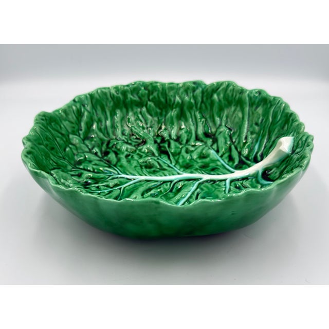 Bordallo Pinheiro Vintage Bordallo Pinheiro Cabbage Leaf Bowl Pressed Frog Mark Portugal Majolica For Sale - Image 4 of 9