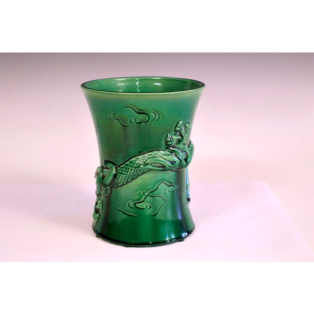 Antique Awaji Pottery Dragon Vase Brush Pot Green Japanese For Sale - Image 4 of 7