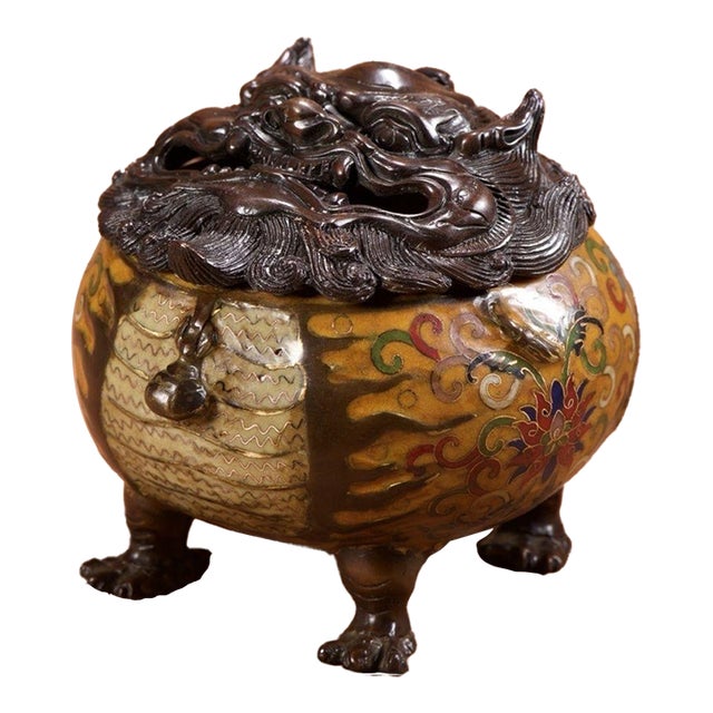 Late 19th Century Cloisonné Enamel Censer With Pixiu Lid, 1.38kg For Sale