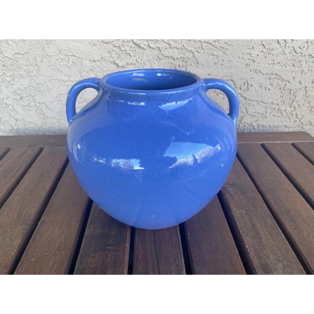 Mission Antique Zanesville Ohio Art Pottery Gloss Cornflower Blue Double Handle Vase For Sale - Image 3 of 6