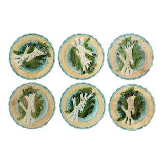 Antique French Majolica Asparagus Plates, Set of 6 For Sale