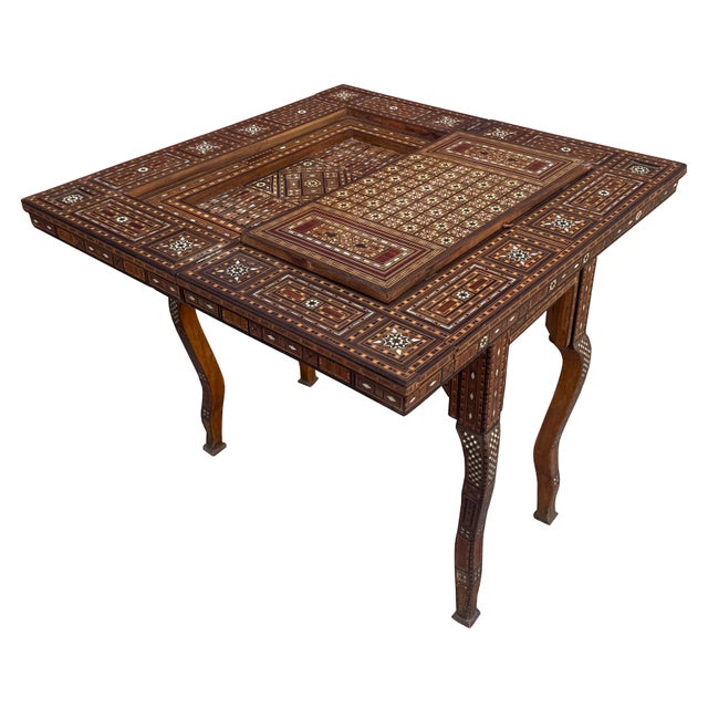 Wood Early 20th Century Marquetry Inlay With Mother of Pearl Folding Game Table For Sale - Image 7 of 18