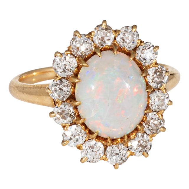 Late 19th Century Antique Victorian Opal Diamond Ring 18k Yellow Gold Gemstone Engagement Size 7 For Sale