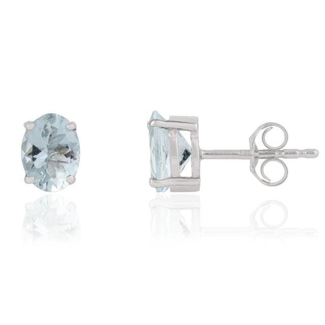 Art Deco A Pair Estate 1.90 Ct Oval Cut Natural Aquamarine Solitaire Stud Earrings - Fine Jewelry For Sale - Image 3 of 12