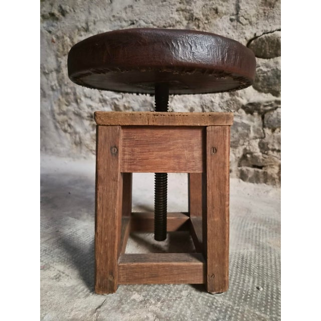 Antique Industrial French Adjustable Oak Workshop Stool, 1930s For Sale - Image 9 of 18