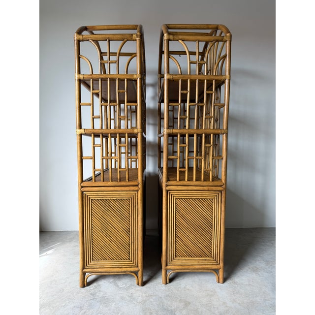 Brown 1970's Vintage Palm Beach Regency Arched Rattan Étagères With Cabinets – A Pair For Sale - Image 8 of 16
