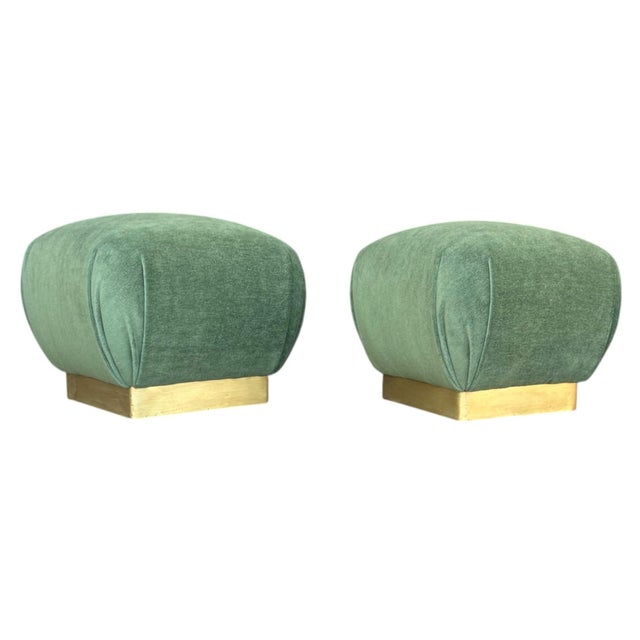 1970’s Hollywood Regency Karl Springer Style Poufs Stools in Green Mohair - A Pair For Sale - Image 11 of 13