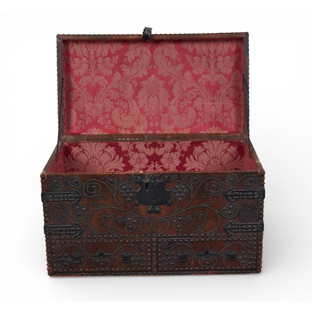 Late 18th Century Charles II Wrought-Iron Mounted Brass-Studded Leather Coffer Trunk With Drawers For Sale - Image 5 of 12
