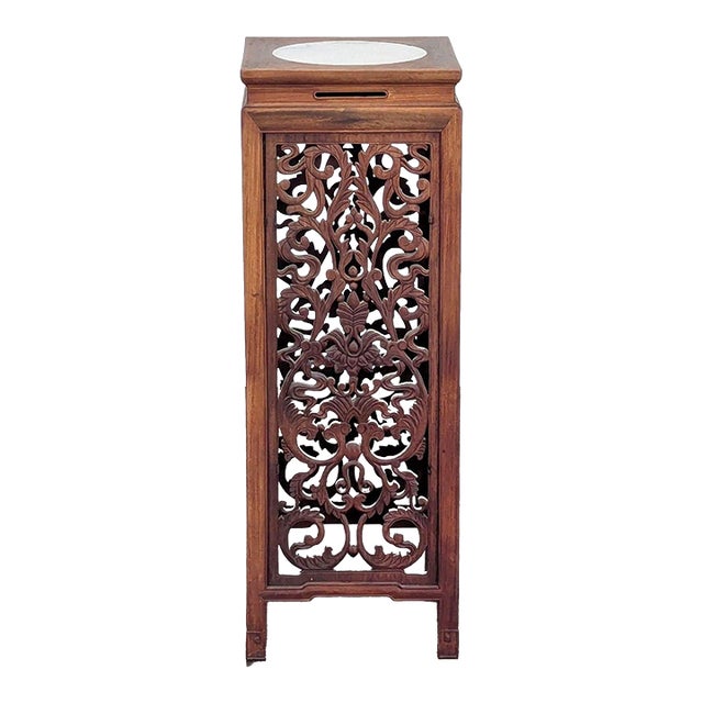 Chinese Rosewood Carved Plant Stand With Stone Top For Sale