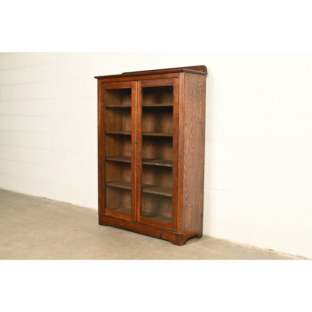 Mission Antique Mission Oak Arts & Crafts Glass Front Bookcase Cabinet by Larkin Co., Circa 1910 For Sale - Image 3 of 15
