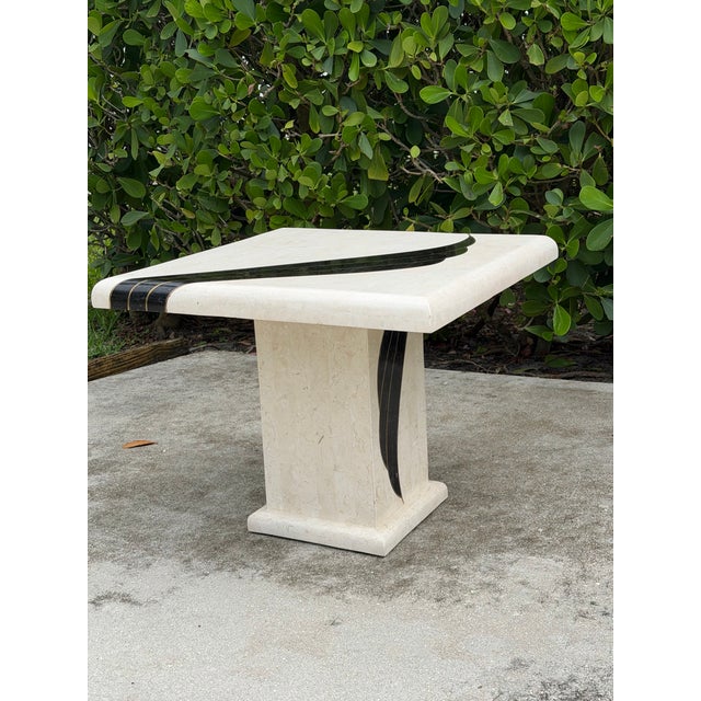 White 1990 Postmodern Tessellated Marble and Brass Inlaid Accent Table For Sale - Image 8 of 11
