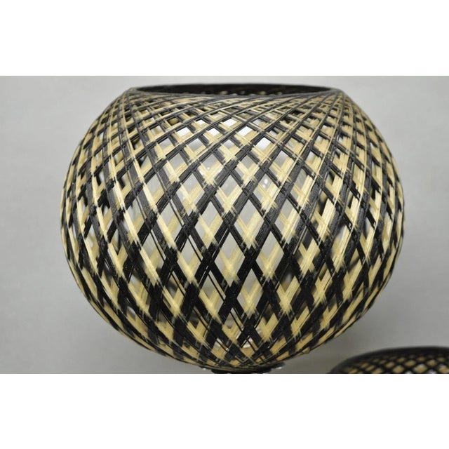 Metal Vintage Mid Century Modern Woven Spun Fiberglass Triple Shade Table Lamp - Pair For Sale - Image 7 of 18