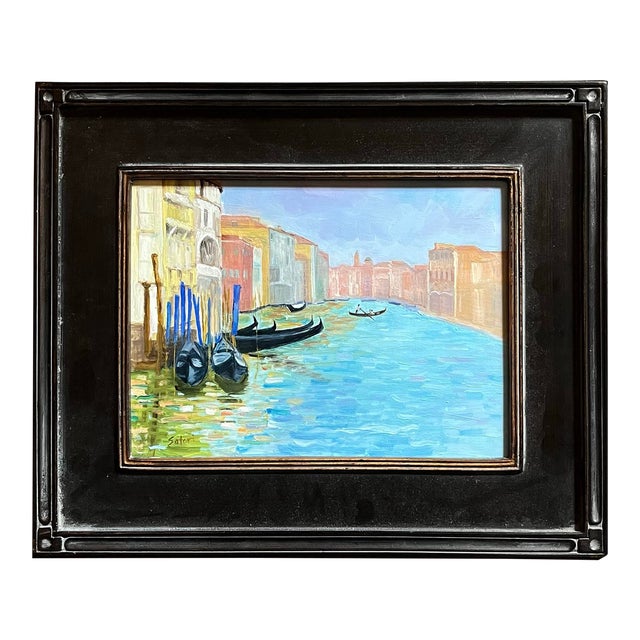 Oil Painting of a River Scene in Venice, Framed For Sale