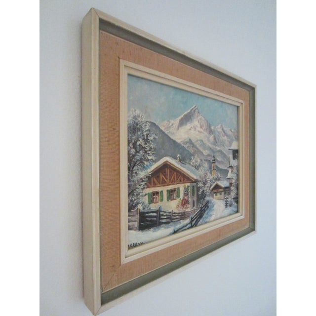1940s Okreno Winter Scene Ski Lodge Snow Mountain Oil on Board Signed Painting For Sale In Los Angeles - Image 6 of 12
