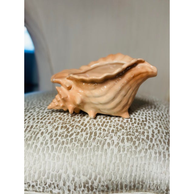 This is a glossy ceramic planter or decorative vessel shaped like a conch shell. It features a soft peach-to-cream glaze...