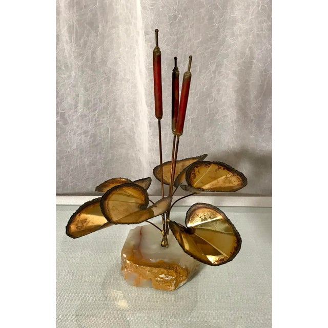Curtis Jere Mid-Century Brutalist Brass Cattail Sculpture Stone Base Attributed to Curtis Jere For Sale - Image 4 of 4