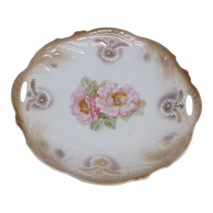 Bavaria Porcelain Brown and White Pink Peony Flowers Plate With Handles