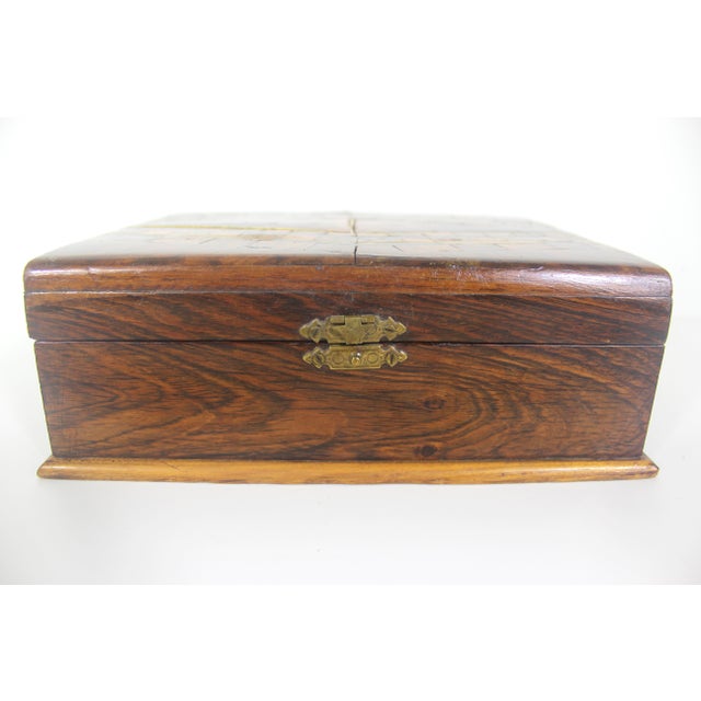 Antique Wood Inlay Box, Hinged Lid Exotic Wood, Brown Inlaid Trinket, Jewelry, Stash For Sale - Image 10 of 12