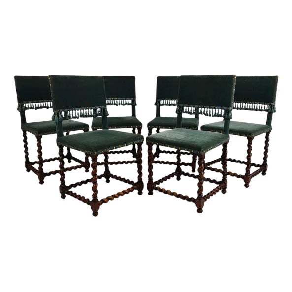 Chairs with Twisted Legs and Blue Upholstery, 18th Century, Set of 6 For Sale