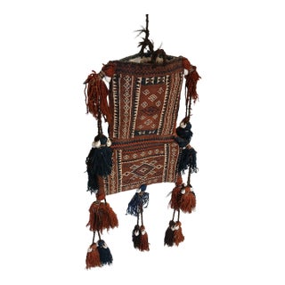 Antique Baluch Tribal Salt Bag With Cowrie Shell Tassels in Brown & Indigo For Sale
