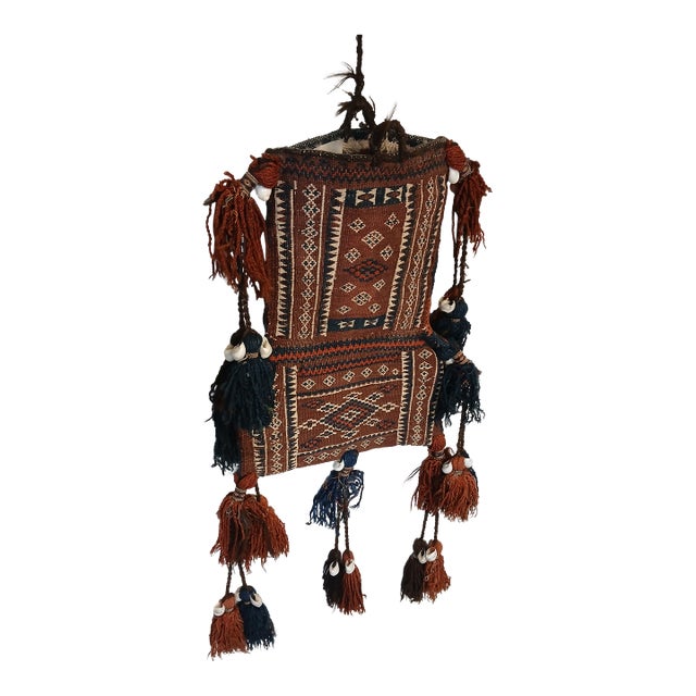 Antique Baluch Tribal Salt Bag With Cowrie Shell Tassels in Brown & Indigo For Sale