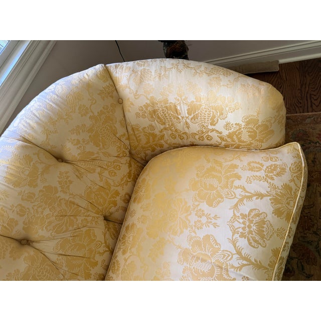 Vintage Sherrill Yellow Gold Foral Damask Tufted Sofa With Tuxedo Skirt & Throw Pillows For Sale - Image 10 of 11