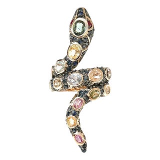 Bochic "Orient" Vintage Diamond Ruby & Sapphire Serpent Ring - 18K & Silver For Sale