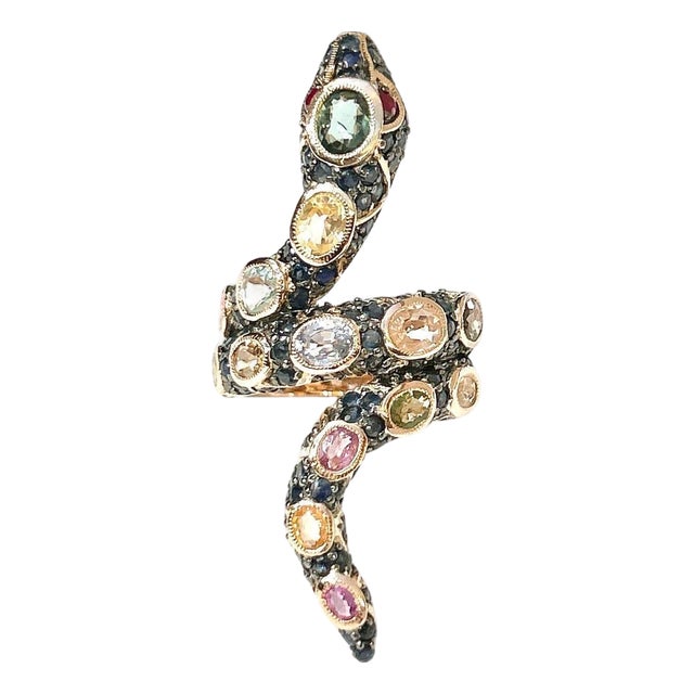 Bochic "Orient" Vintage Diamond Ruby & Sapphire Serpent Ring - 18K & Silver For Sale