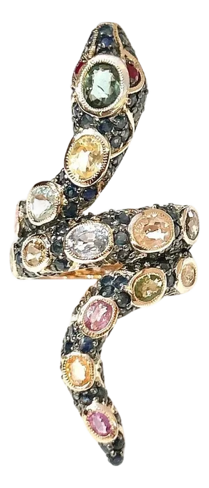 Bochic "Orient" Vintage Diamond Ruby & Sapphire Serpent Ring - 18K & Silver