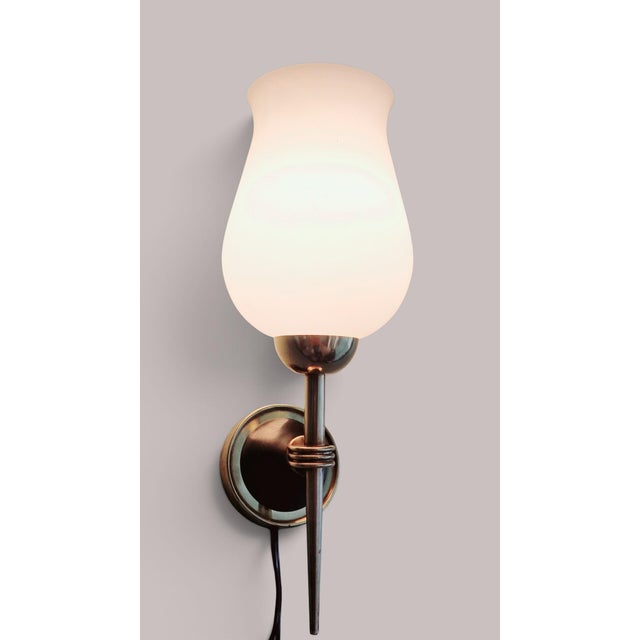 Arlus Vintage Wall Sconces in Brass and Opaline Glass from Arlus, 1950s, Set of 2 For Sale - Image 4 of 18
