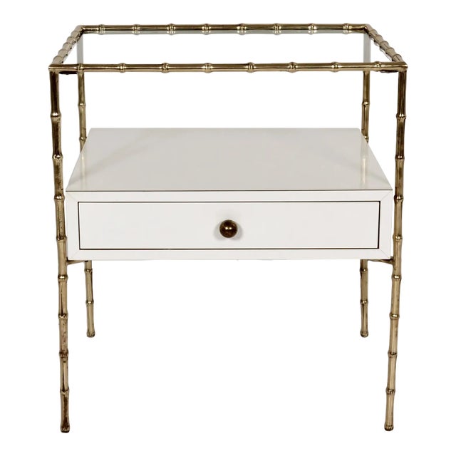 Brass Faux Bamboo Side Table W/ Custom Drawer, France C 1950s For Sale