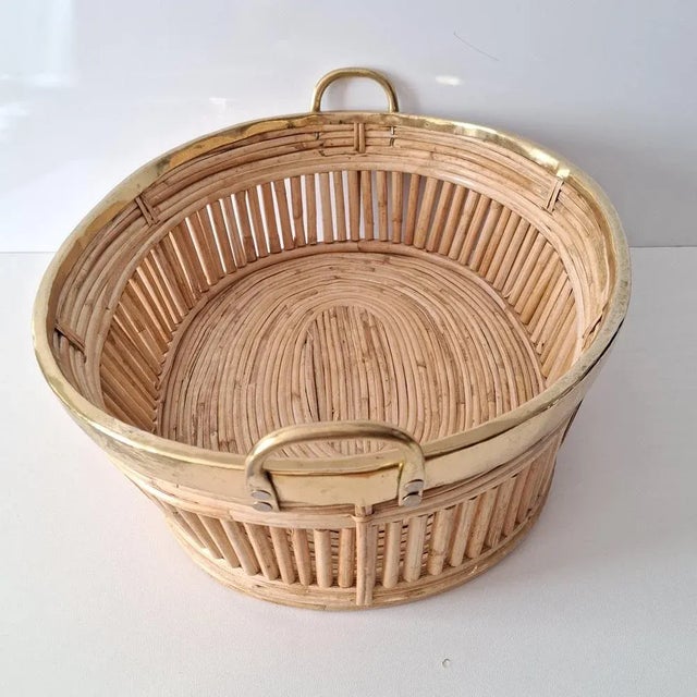 Oval Serving Basket in Rattan and Brass, 1970s For Sale - Image 9 of 13