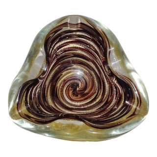 Murano Dark Purple Swirling Pattern Heavy Gold Flecks Vintage Italian Art Glass Bowl Catchall Ashtray For Sale