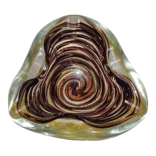Murano Dark Purple Swirling Pattern Heavy Gold Flecks Vintage Italian Art Glass Bowl Catchall Ashtray For Sale