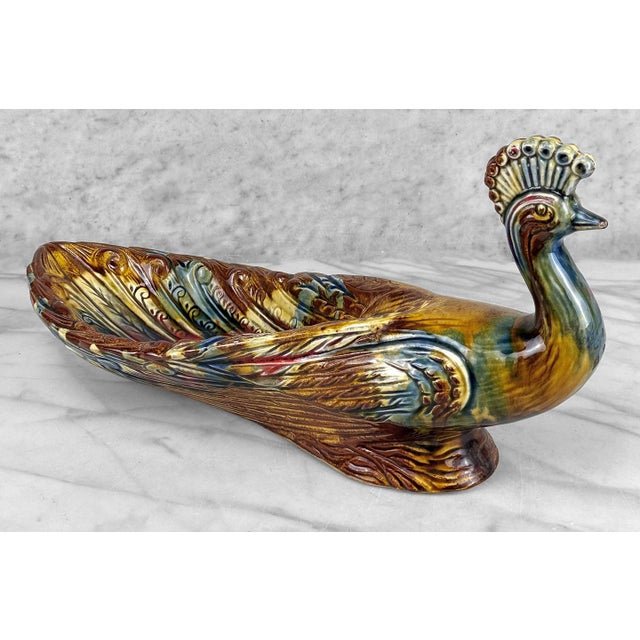 Mid-Century 15" Ceramic Peacock Candy Dish W/ Multi-Color Glaze For Sale - Image 4 of 12