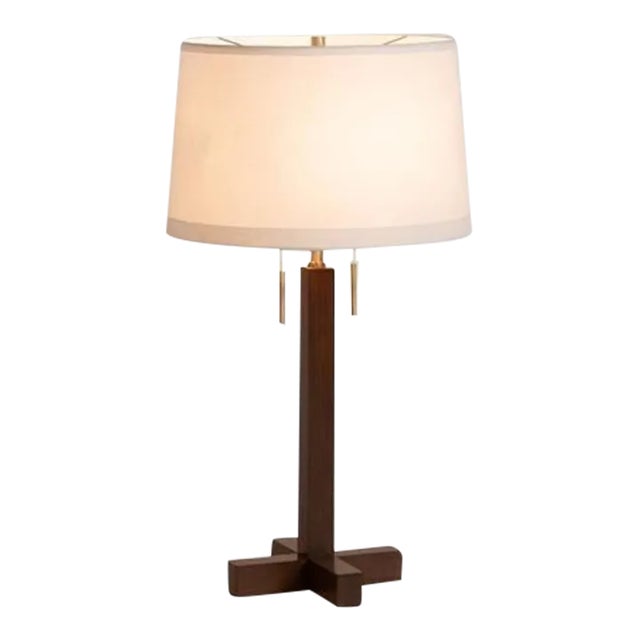 Swiss Cross Table Lamp - Dark Walnut Wood Finish, Weathered Brass, White Linen Shade For Sale