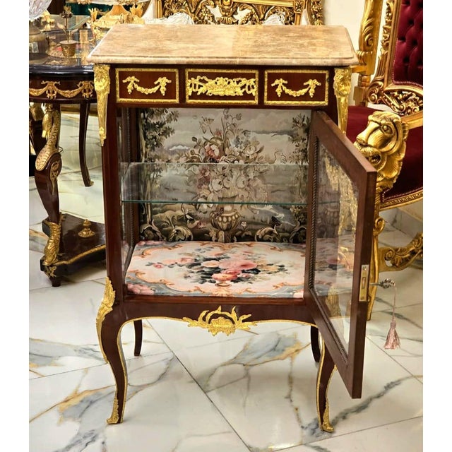 2000 - 2009 Louis XV Marquetry Cabinet With Floral Damask Interior & Marble Top For Sale - Image 5 of 9