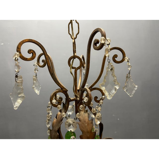 1950s Italian 5-Light Tole Chandelier with Green and Amber Murano Glass Drops, 1950s For Sale - Image 5 of 16
